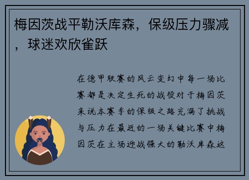 梅因茨战平勒沃库森，保级压力骤减，球迷欢欣雀跃